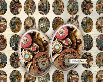 Steampunk - oval image - 18 x 25 mm - digital collage sheet - Printable Download