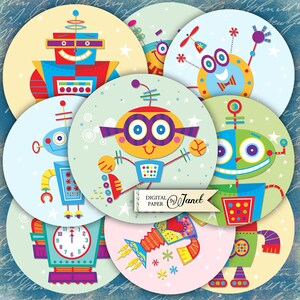 Puede incluir: Conjunto de ocho círculos de papel digital de temática robótica. Los círculos presentan robots con diferentes diseños y colores, incluyendo azul, rojo, amarillo, verde y morado. Los círculos son perfectos para scrapbooking, creación de tarjetas y otros proyectos de manualidades.