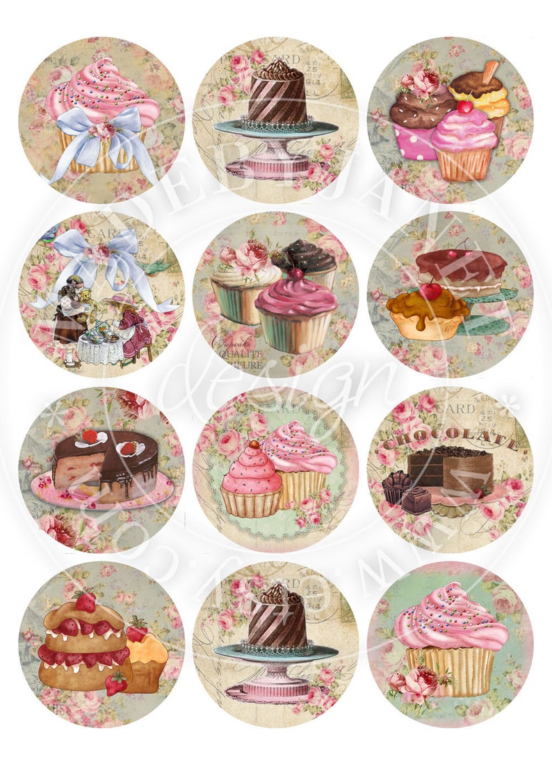 Little Patisserie 2.5 inch circles set of 12 digital collage sheet pocket mirrors, tags, scrapbooking, cupcake toppers image 2