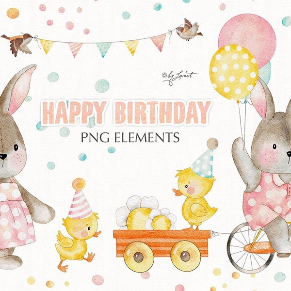Buon compleanno, cucciolo di animale, coniglio carino, file PNG, illustrazione ad acquerello, file Cricut, festa di compleanno stampabile