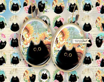 Black Cat - oval image - 18 x 25 mm - digital collage sheet - Printable Download