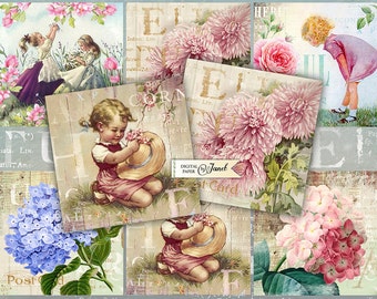 Flower Garden - set di 6 - foglio di collage digitale - Download stampabile