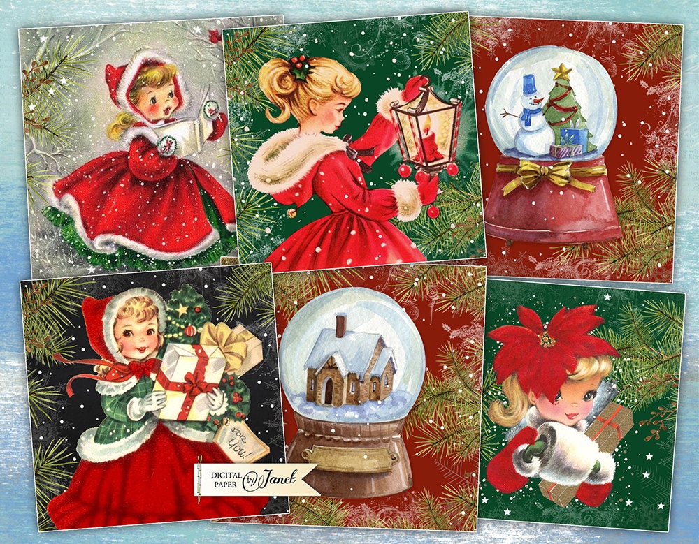 Holly Jolly - Cartoline di Natale - set di 6 - foglio di collage digitale - Download stampabile