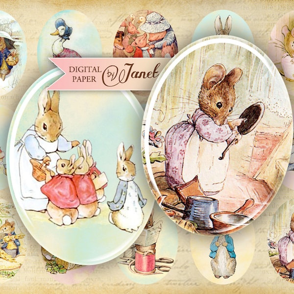 Beatrix Potter - ovale Illustration - 30 x 40 mm oder 18 x 25 mm - digitale Collage - Printable Download