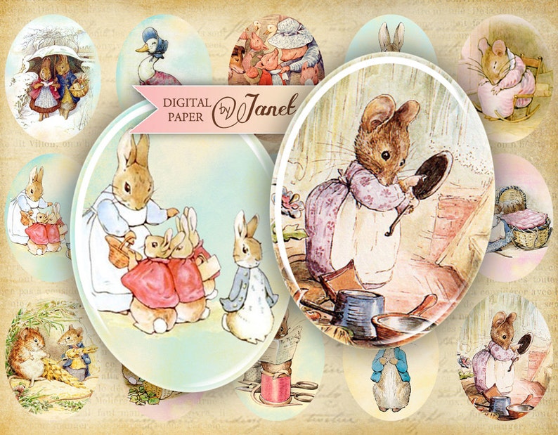 Beatrix Potter illustrazione immagine ovale 30 x 40 mm o 18 x 25 mm foglio collage digitale Printable Download image 1