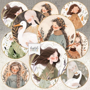 Folk Gilrls, bestand png, cerchi da 2,5 pollici, bestand Cricut, immagine stampabile, ragazza carina, immagine topper, stampa e taglio