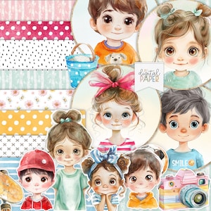 子どもの楽しみ、かわいい子供たち、印刷可能なスクラップブッキングキット、ペーパークラフト、カード作り、印刷可能な紙、デジタルスクラップブック、DIYクラフト、ステッカー