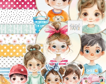 Kinderplezier, schattige kinderen, afdrukbare scrapbookingkits, papierkunst, kaarten maken, afdrukbaar papier, digitaal plakboek, doe-het-zelf-knutselen, stickers