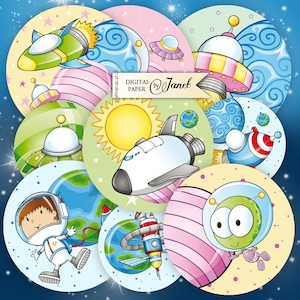 Small Astronaut - 2.5 inch circles - set of 12 - digital collage sheet - pocket mirrors, tags, scrapbooking, cupcake toppers