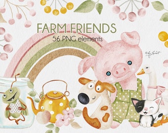 Farm Friends Clipart, Watercolor Cute Animals PNG, Farmhouse Sublimation Design, Cricut Cut File, Nursery Wall Art, Baby Shower Illustration