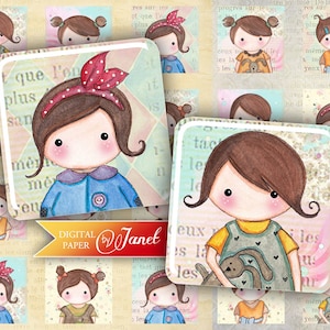 Matilda en Konijn - vierkanten afbeelding - digitale collage vel - 1 x 1 inch - Printable Download