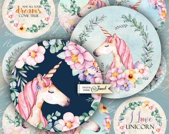 Unicorn, 2.5 inch, Circles Stickers, Scrapbooking Paper, Junk Journal, Ephemera, DIY Craft, Project, Cupcake Toppers