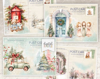 Carte postale de Noël vintage, cartes postales imprimables, Junk Journal, embellissements de scrapbooking, carte de journal, carte de vœux, éphémères, bricolage