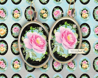 English Rose - oval image - 18 x 25 mm - digital collage sheet  - Printable Download