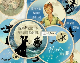 Peter Pan - Neverland - quote - 2.5 inch circles - set of 12 - digital collage sheet - pocket mirrors, tags, scrapbooking, cupcake toppers
