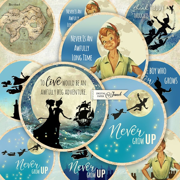 Peter Pan, Neverland Quote, 2.5 inch, Circles Stickers, Scrapbooking Paper, Junk Journal, Ephemera, DIY Craft, Project, Cupcake Toppers