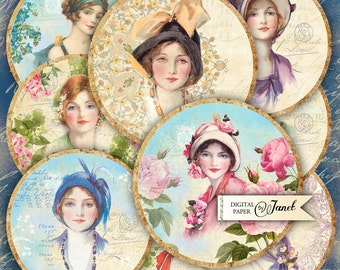 Pretty Women - cerchi da 2,5 pollici - set di 12 - foglio collage digitale - specchi tascabili, tag, scrapbooking, topper cupcake