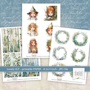 May include: Digital paper printable sheet with illustrations of a girl with red hair wearing a green hat and a wreath of leaves, a birch forest, and four green wreaths. The text "Lovely ELF - printable PAPER - 8.5x11inch - JPG file" is at the bottom of the sheet.