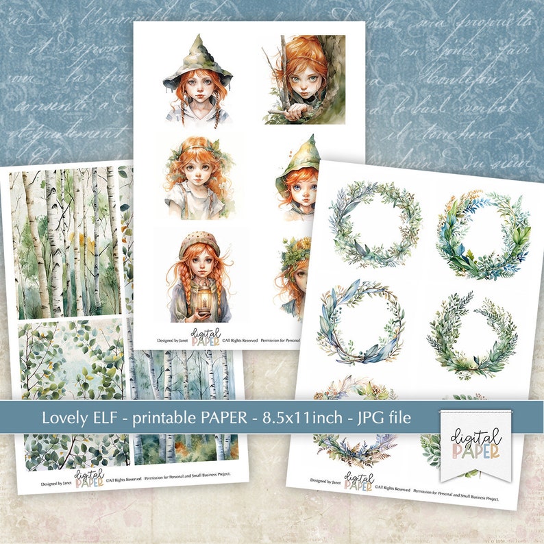 May include: Digital paper printable sheet with illustrations of a girl with red hair wearing a green hat and a wreath of leaves, a birch forest, and four green wreaths. The text "Lovely ELF - printable PAPER - 8.5x11inch - JPG file" is at the bottom of the sheet.