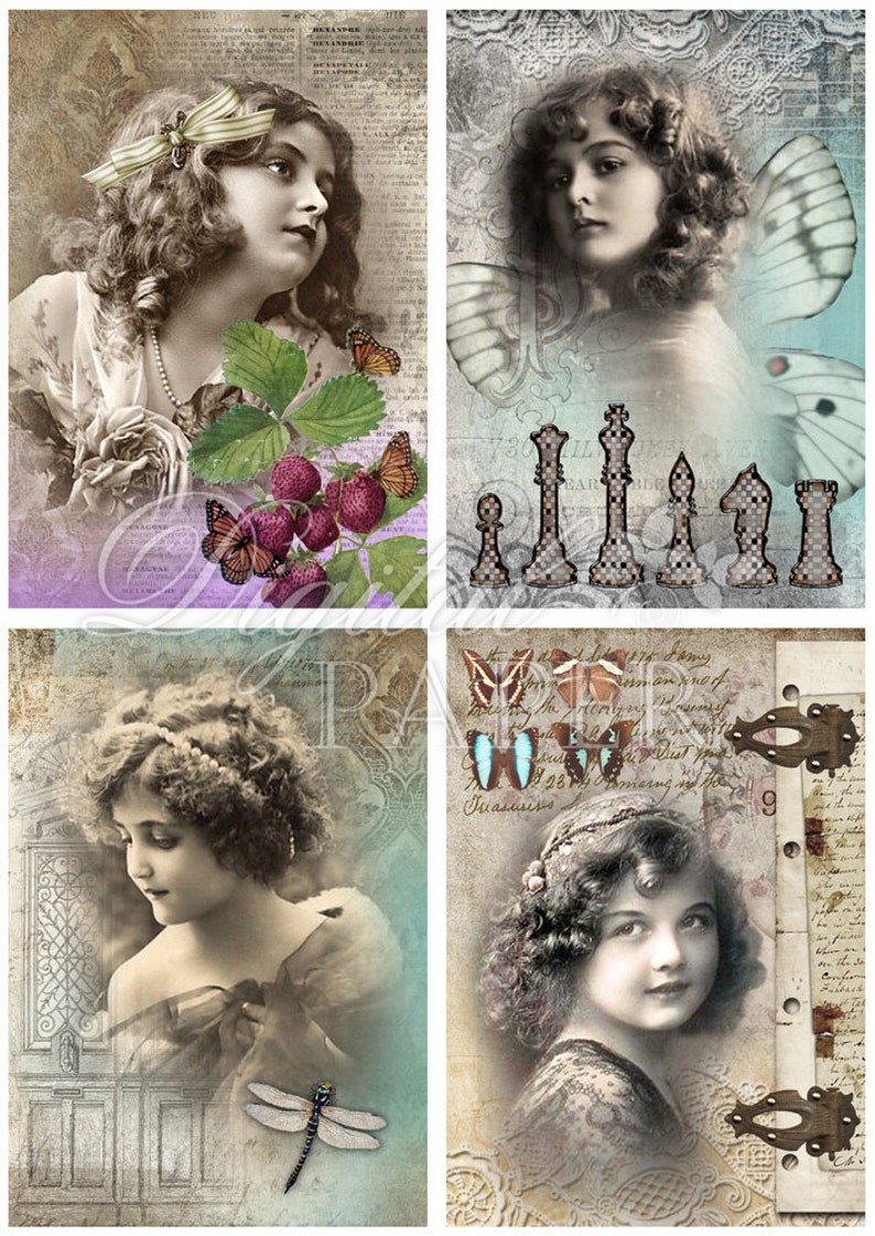 Printable Download digital collage sheet set of 4 cards Golden Minuts