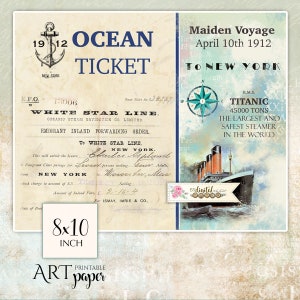 Titanic, Ocean Ticket, Vintage Print Poster, Journal Pages, Notebook Cover, Decoupage Paper, Scrapbooking Supplies, Cardmaking, Wall Decor