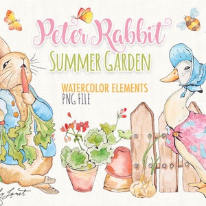 Peter Rabbit, jardin d'été, fichier PNG, clipart aquarelle, illustration Peter Rabbit, fichier Cricut, bébés animaux, imprimable Peter Rabbit