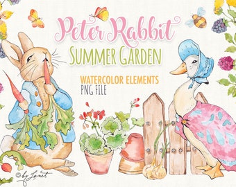 Może przedstawiać: Aquarela przedstawiająca Królika Piotrusia i kaczkę w letnim ogrodzie. Ilustracja zawiera płot, kwiaty, marchewki i inne elementy ogrodu. Tekst "Peter Rabbit Summer Garden Watercolor Elements PNG File" jest zawarty w obrazie.