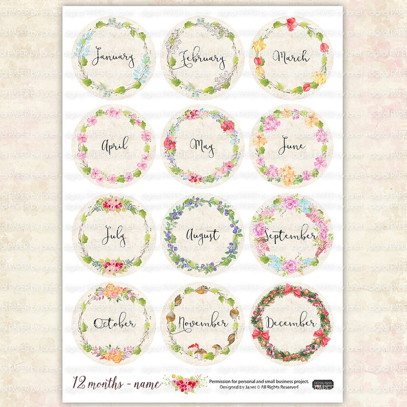 12 months name Calendar 2.5 inch circles set of 12 digital collage sheet pocket mirrors, tags, scrapbooking, cupcake toppers image 2