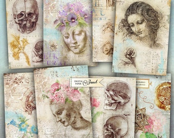 Sketches of Leonardo - tags - digital collage sheet - set of 8 - Printable Download