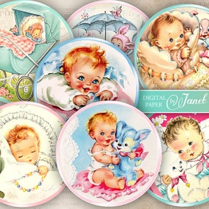 BABY party - Cerchi da 2,5 pollici - set di 12 - foglio collage digitale - specchi tascabili, tag, scrapbooking, topper cupcake