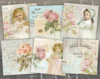 Sweet Flower Cards - set of 6 - digital collage sheet - Printable Download