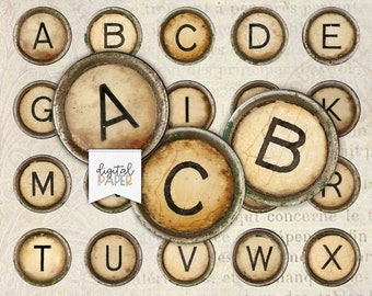 Vintage TYPEWRITER Key, alphabet, circles 1 inch, pendant glass, cabochon image, pendant necklace, bottle cap, DIY costume jewellery, magnet