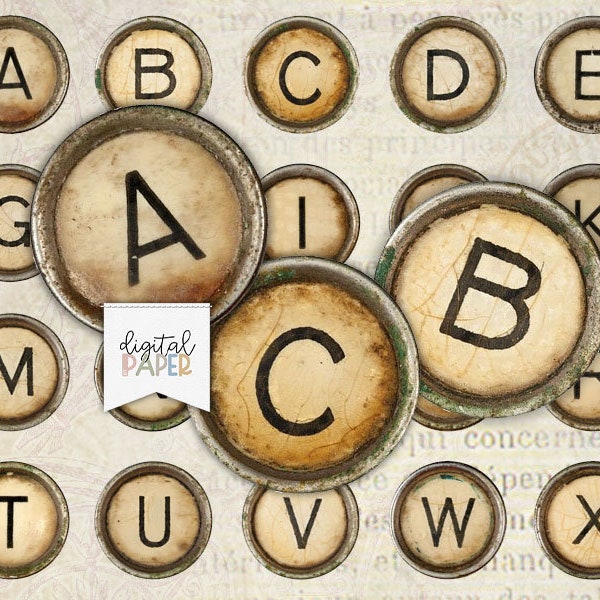 Vintage TYPEWRITER Key, alphabet, circles 1 inch, pendant glass, cabochon image, pendant necklace, bottle cap, DIY costume jewellery, magnet