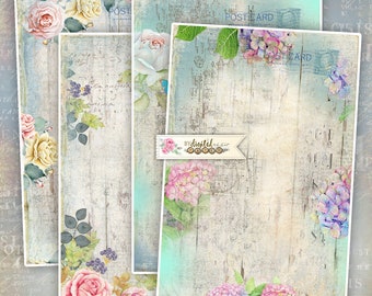 May include: Four digital paper backgrounds featuring floral designs with a vintage aesthetic. The papers feature roses, hydrangeas, and a faded, textured background with handwritten text.