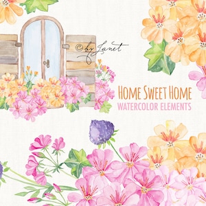 Home Sweet Home - Floral Watercolor Elements - PNG file