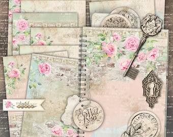 Tarjetas de diario con rosas vintage, efímeras florales victorianas, insertos de jardín Shabby Chic, rosas de corte delicado, collage botánico, paquete digital A4 JPG