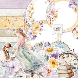 Prado floreciente, kits de scrapbooking imprimibles, pegatinas, adornos, efímeras, manualidades de papel, fabricación de tarjetas, Cricut, chicas lindas, papeles románticos