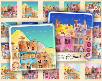 Sweet Village - squares image - digital collage sheet - 1 x 1 inch - Printable Download