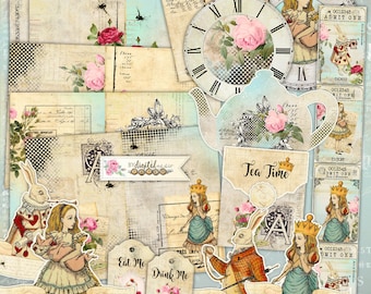 Alice in Wonderland Journal Pages - Junk Journal - Envelopes and Cards for cutting out - Art Files - Printable Download