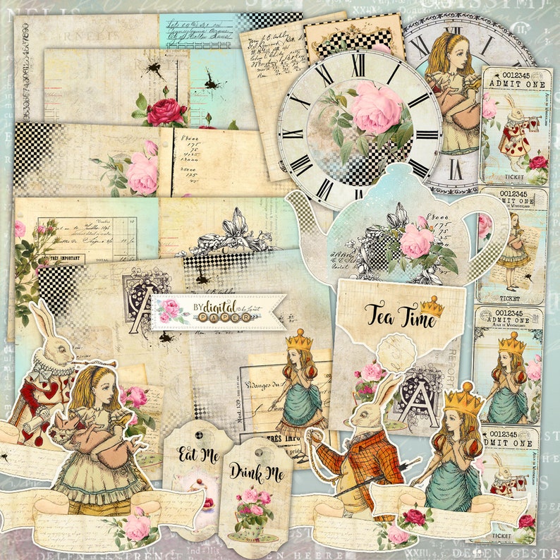 Alice in Wonderland, Journal Pages, Junk Journal, Envelopes and Cards for cutting out, Ephemera, Printable Journal, Printable Download image 1