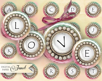 Pink Button Alphabet - circles image - digital collage sheet - 1 x 1 inch - Printable Download