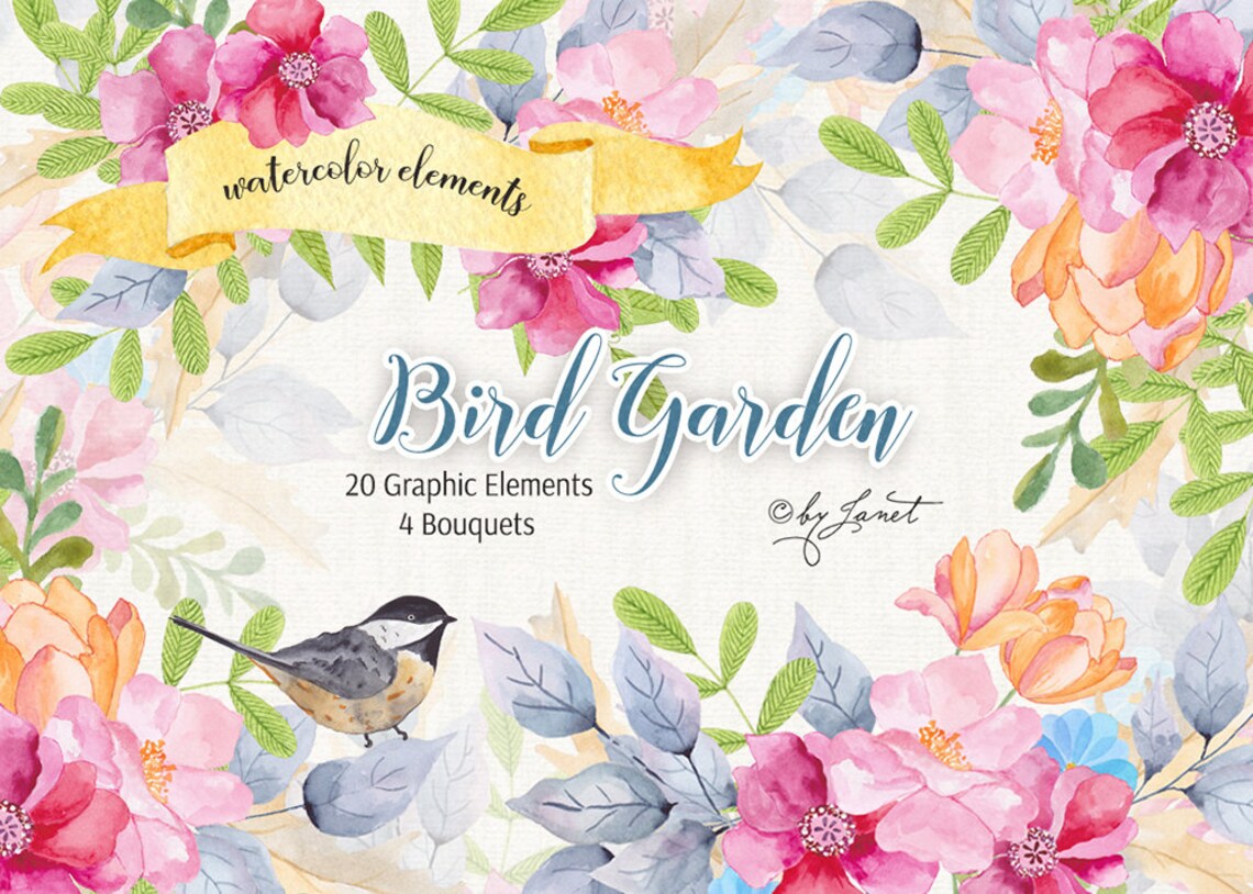Ptak ogród-Floral akwarela Elements-plik PNG image 0