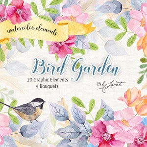 Bird Garden - Elementi floreali ad acquerello - bestand, png