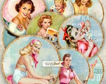 Pin UP - Girls - 2.5 inch circles - set of 12 - digital collage sheet - pocket mirrors, tags, scrapbooking, cupcake toppers