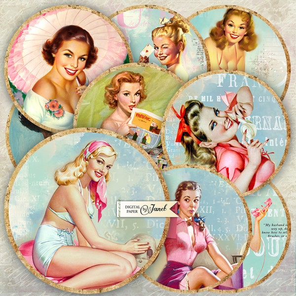 Pin UP Girls, 2.5 inch circles, digital collage sheet, pocket mirrors, tags, scrapbooking, toppers, ephemera, stickers, journal supplies