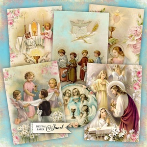 Première Communion - feuille de collage numérique - jeu de 6 cartes - Téléchargement imprimable