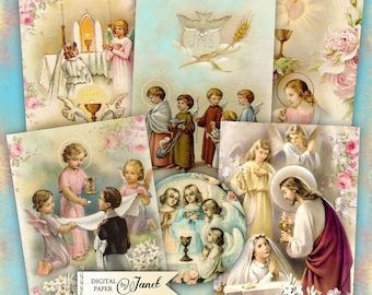 First Communion - digital collage sheet - set of 6 cards - Printable Download