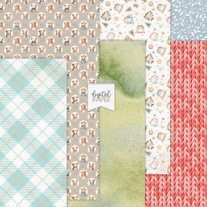 May include: Digital paper pack with six different patterns. The patterns include a plaid design in blue and white, a pattern of bears wearing sweaters, a watercolor green background, a pattern of sweaters and stars on a white background, a red knit pattern, and a blue pattern with leaves.
