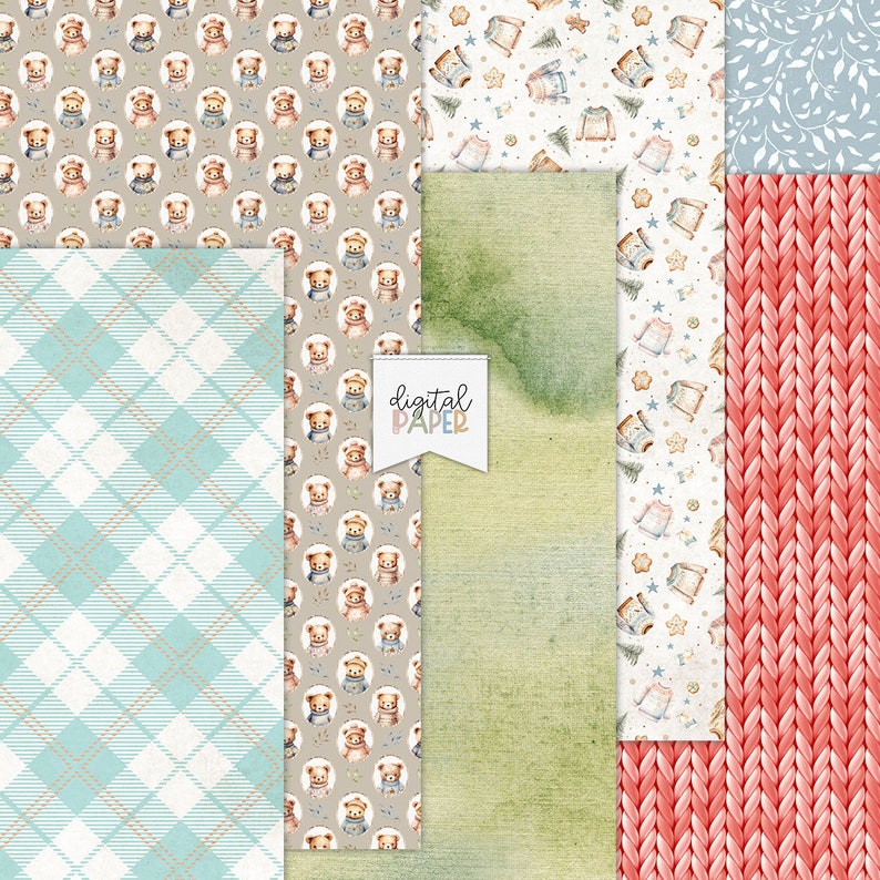 May include: Digital paper pack with six different patterns. The patterns include a plaid design in blue and white, a pattern of bears wearing sweaters, a watercolor green background, a pattern of sweaters and stars on a white background, a red knit pattern, and a blue pattern with leaves.