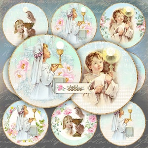 Santa Comunione - cerchi da 2,5 pollici - set di 12 - foglio di collage digitale - specchietti tascabili, tag, scrapbooking, toppers cupcake